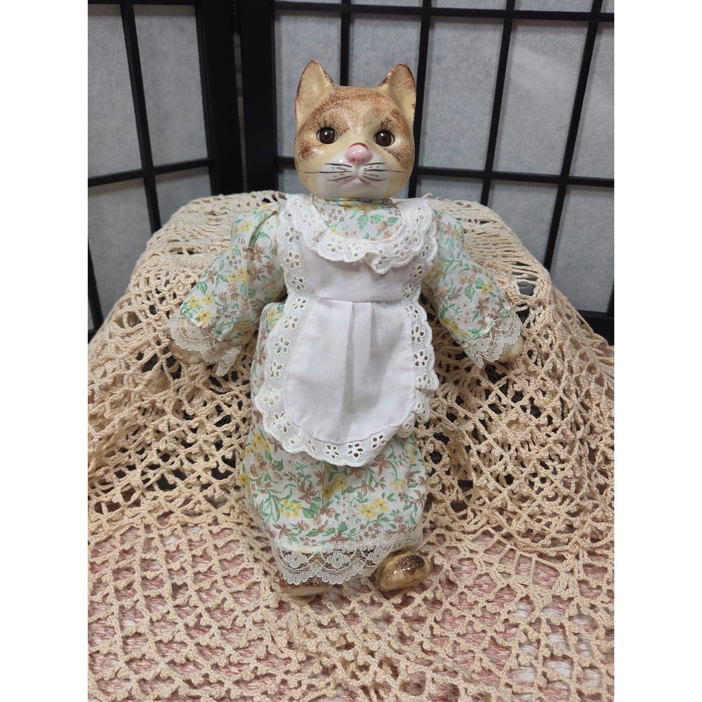 Vintage Porcelain Calico Cat Doll Floral Lace Dress Eyelet Apron Cottagecore